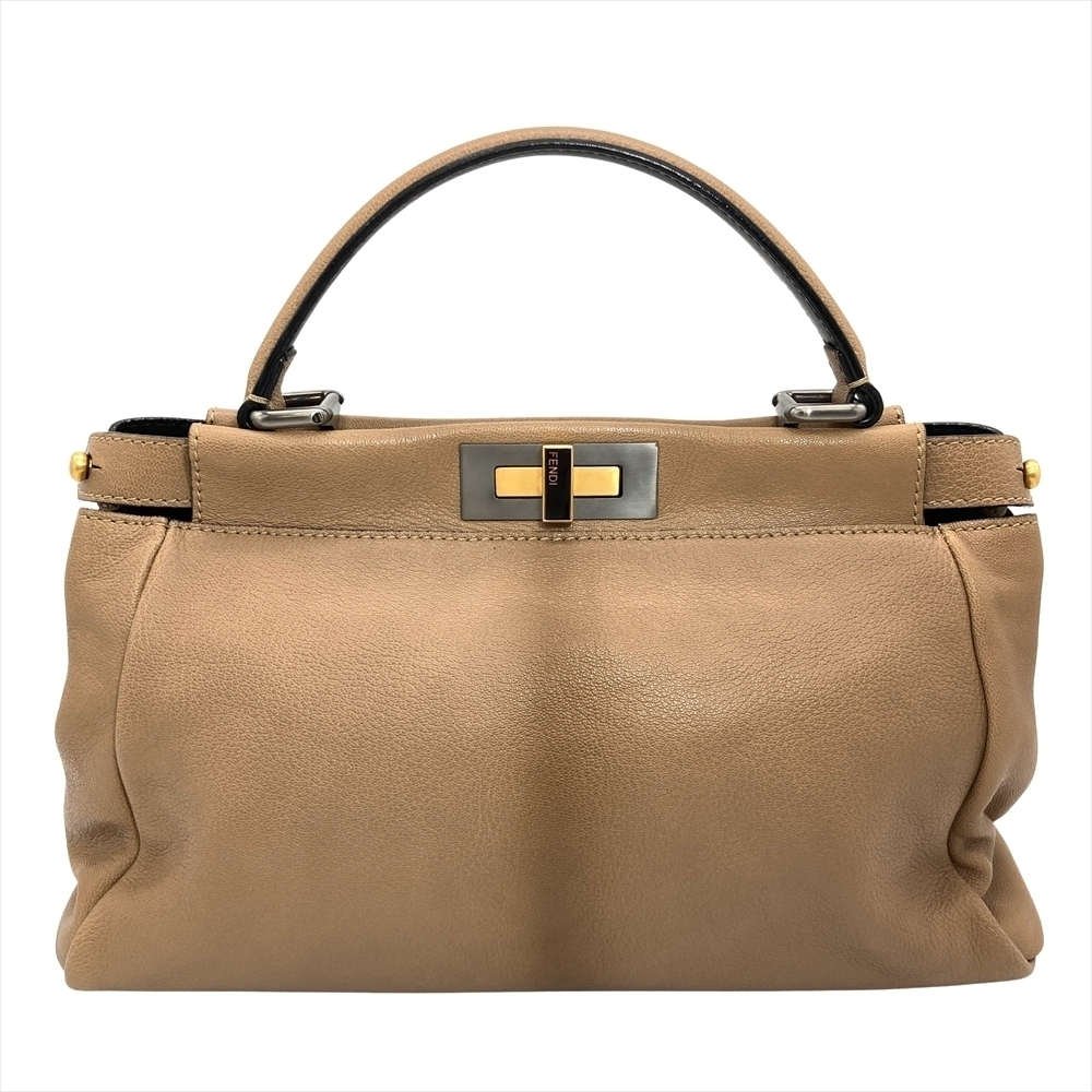 Fendi Peekaboo Handbag Leather Camel Brown Gold Brown